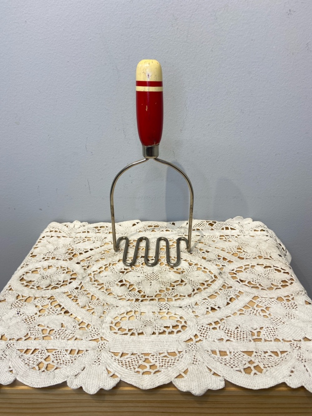 Vintage Red and White Handle Potato Masher